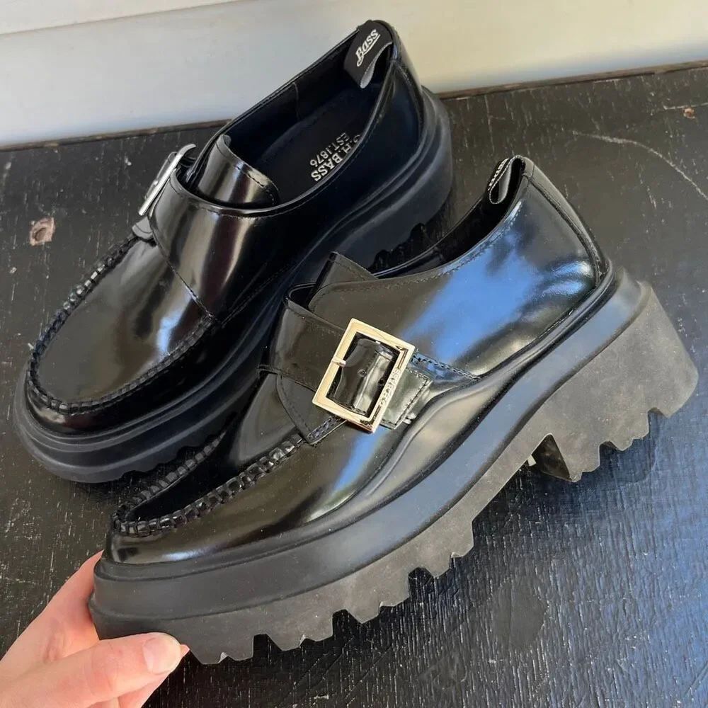 G.H. Bass Ella Platform Derby Loafers 9.5 Black Leather Chunky Lug Sole